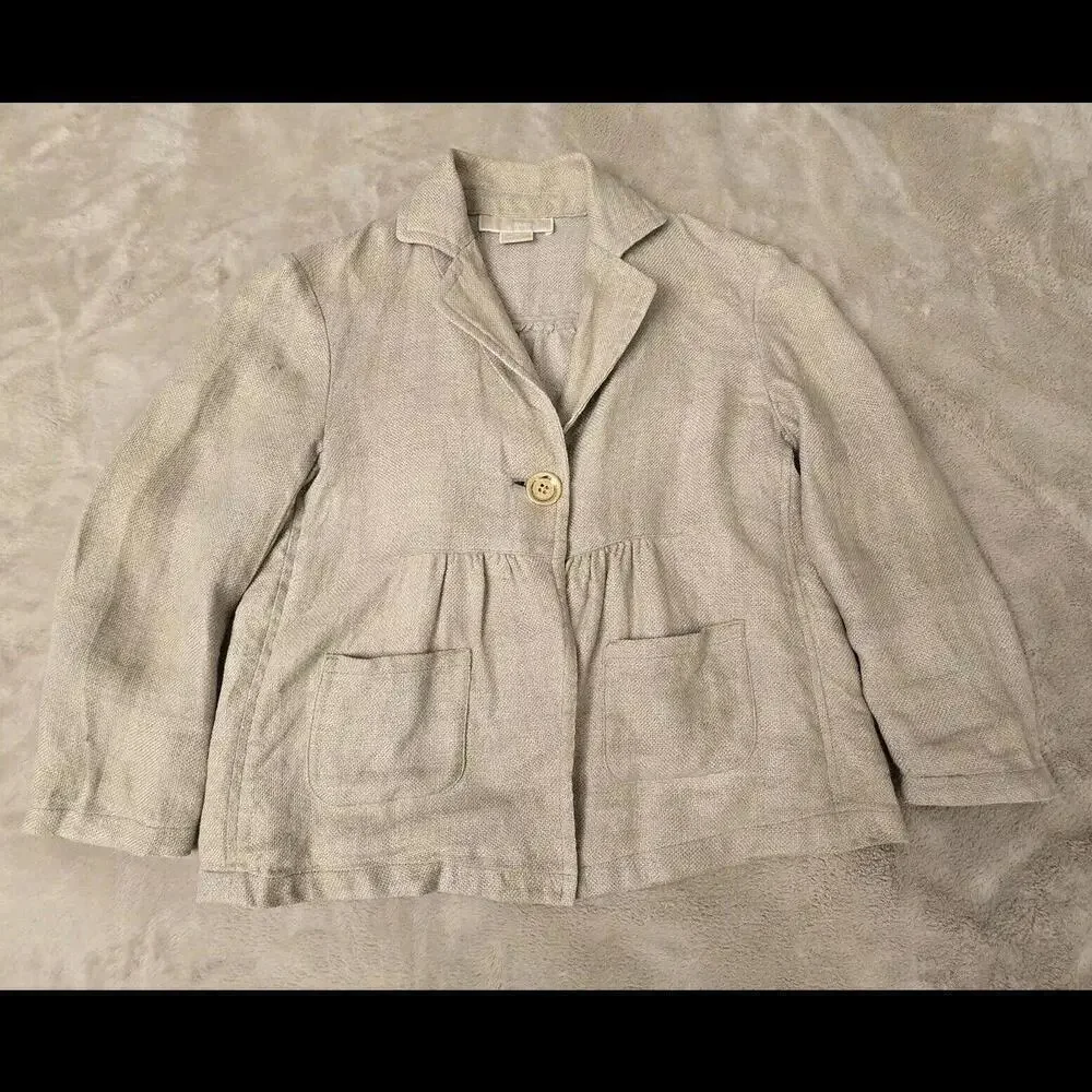 Michael Kors Tan Gold Button Blazer Cropped Length Jacket 100% Linen Sz S Office